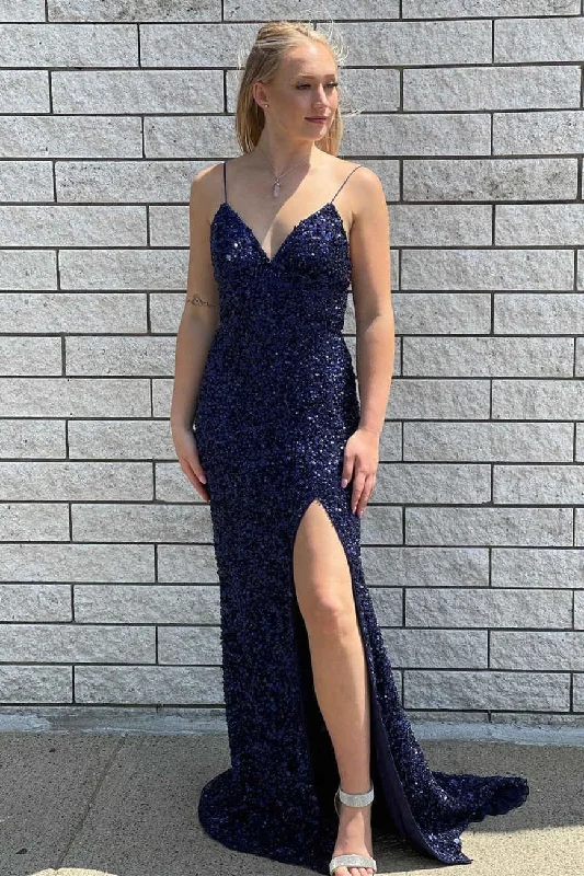 2025 Navy Blue Sequined Prom Dress Long Evening Dress UK V-Neck Straps Slit