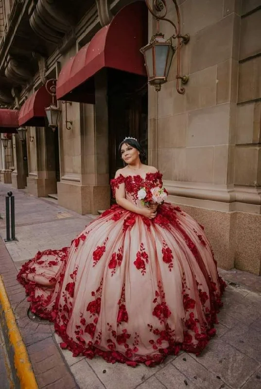 Red Lace Quinceanera Dresses Ball Gown Off shoulder Sweet 16 Party Dress