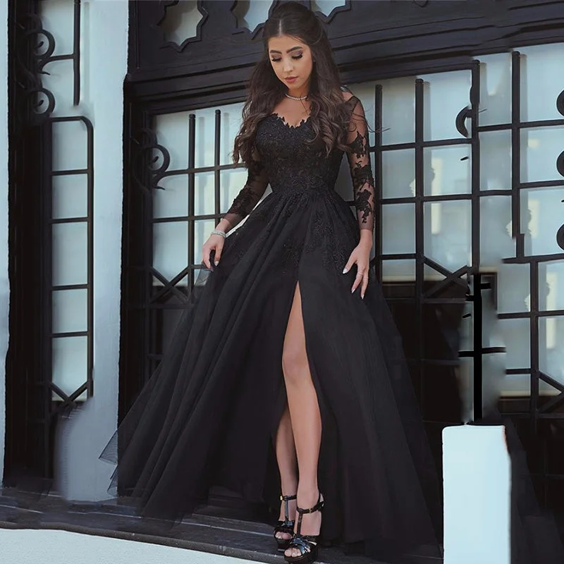 Sexy A Line Black Lace Long-Sleeved Slit Prom Evening Dresses