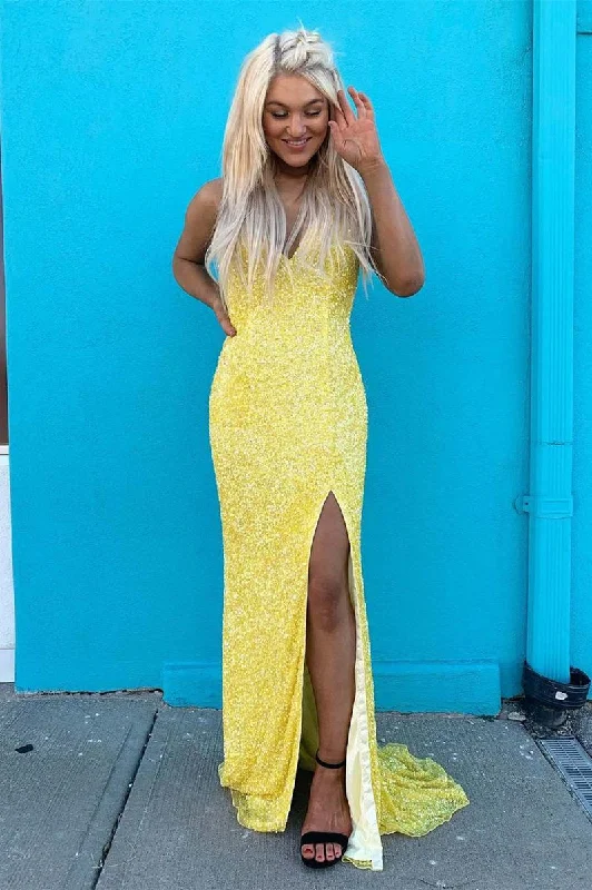 Yellow Sequined Mermaid Prom Dress V-Neck Long Evening Dress UK