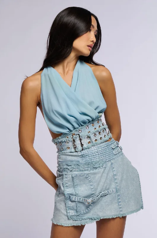 DIANA HALTER NECK DENIM BELTED OPEN BACK TOP