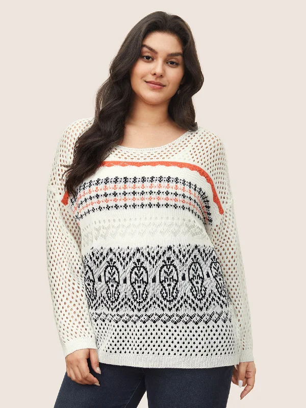 Jacquard Hollow Out Drop Shoulder Pullover